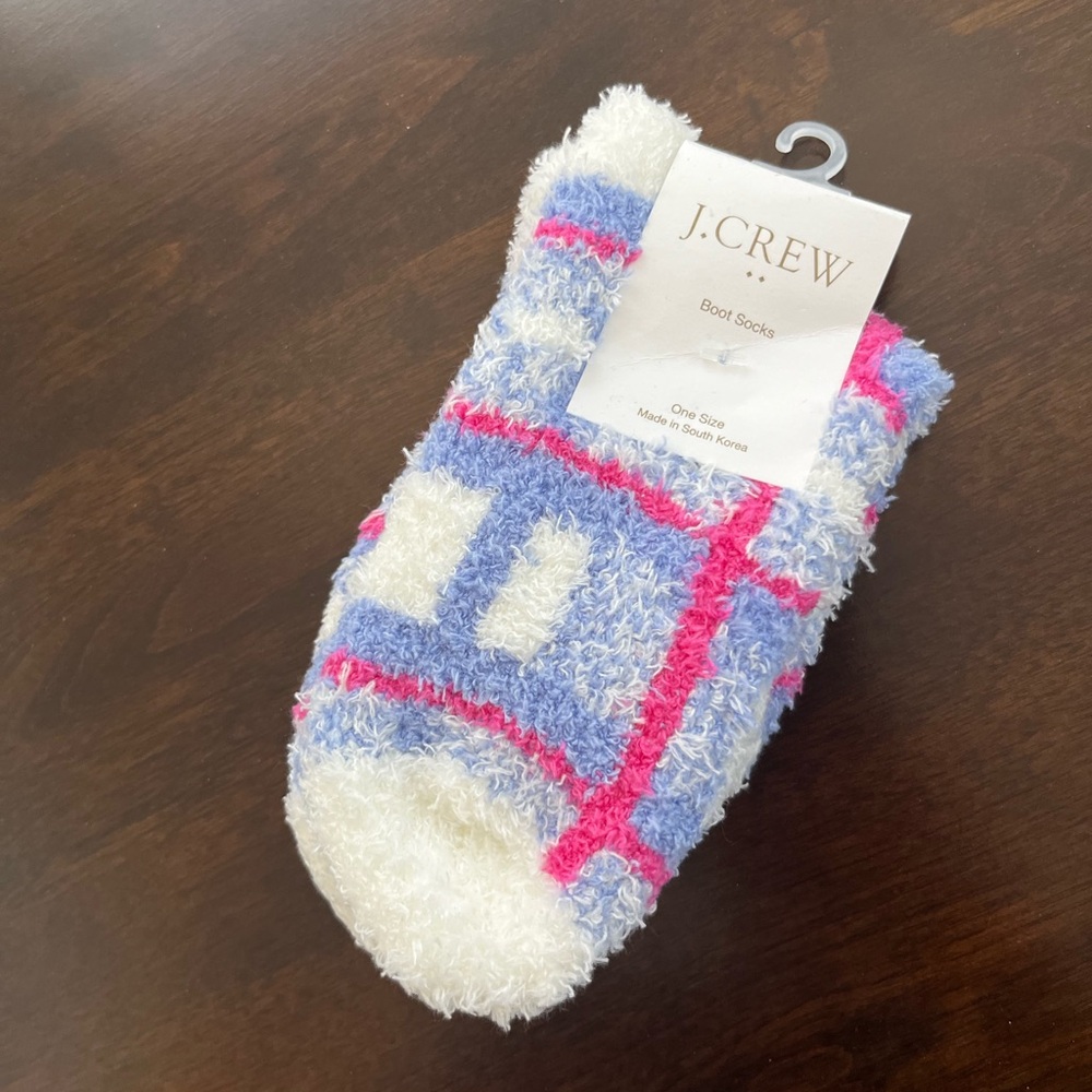 J.Crew Fuzzy Plaid Socks in Pink and Blue